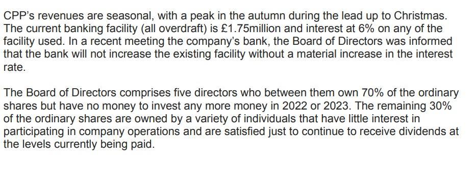 CPPs revenues are seasonal, with a peak in the autumn during the lead up to Christmas. The current banking facility (all ove