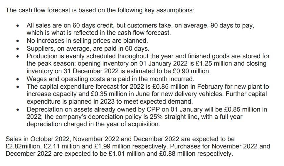 The cash flow forecast is based on the following key assumptions: .All sales are on 60 days credit, but customers take, on a