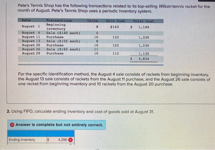 Petes Tennis Shop has the following transactions related to its top-selling Wilson tennis racket for themonth of August. Pe