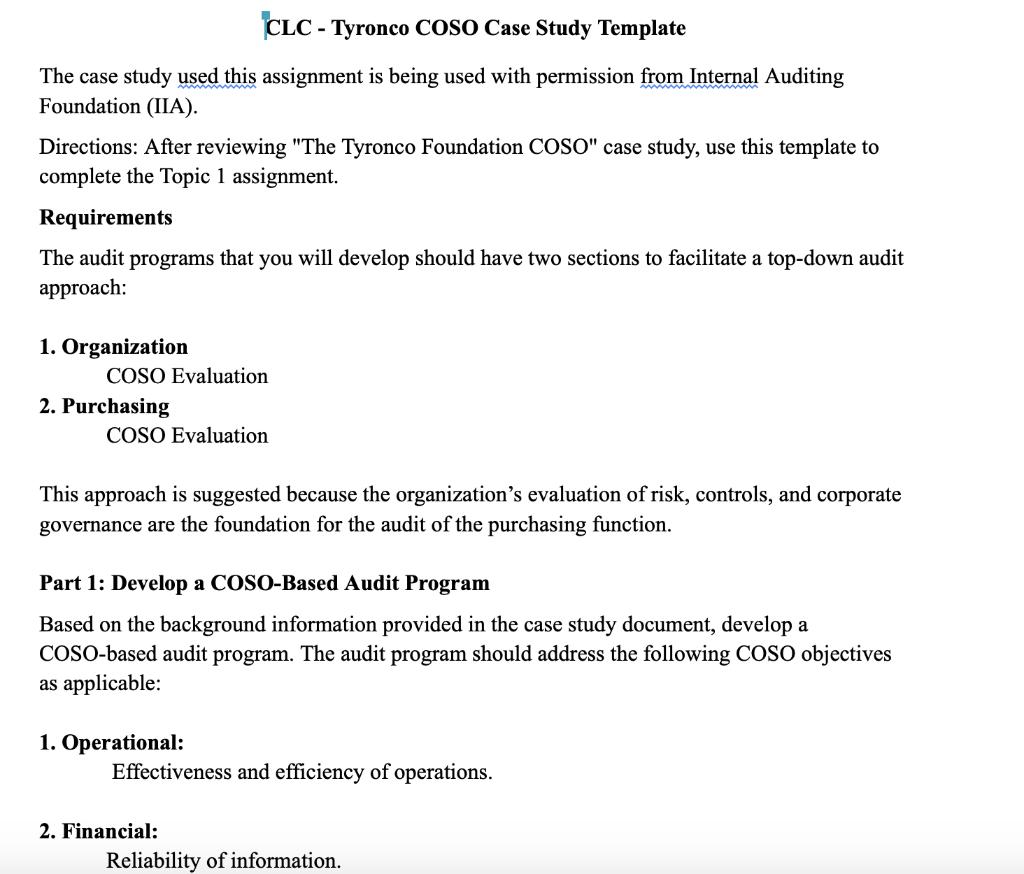CLC- - Tyronco COSO Case Study Template The case study used this assignment is being used with permission from Internal Audit