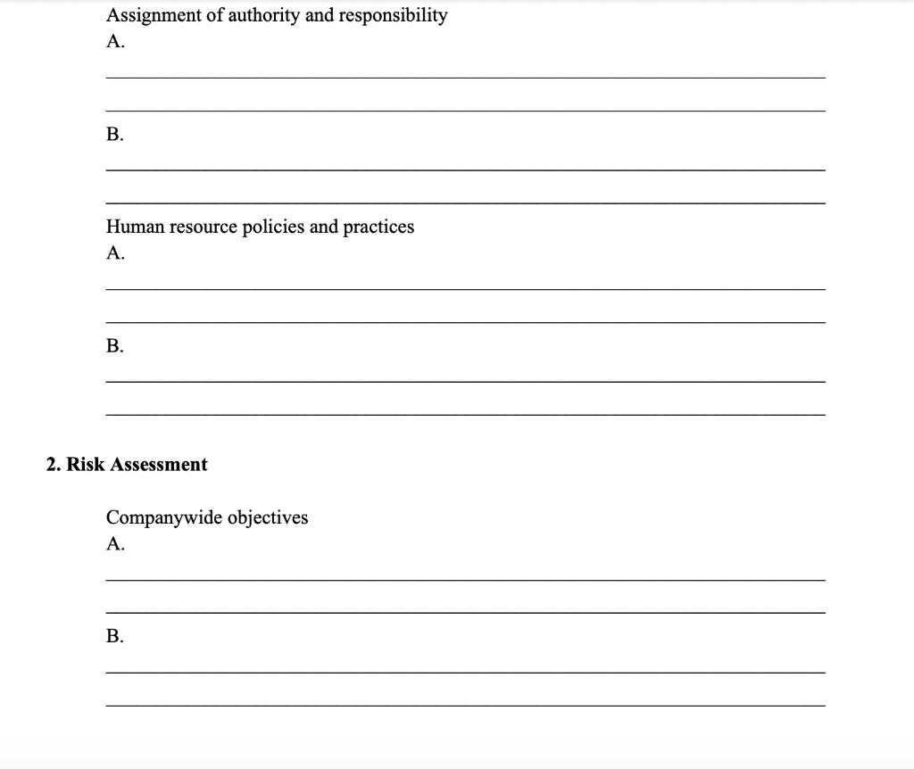 Assignment of authority and responsibility A. B. Human resource policies and practices A. B. 2. Risk Assessment Companywide o