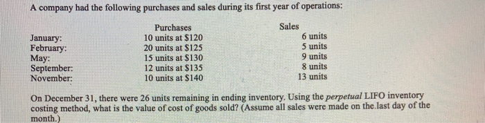 A company had the following purchases and sales during its first year of operations:PurchasesSalesJanuary:10 units at $12