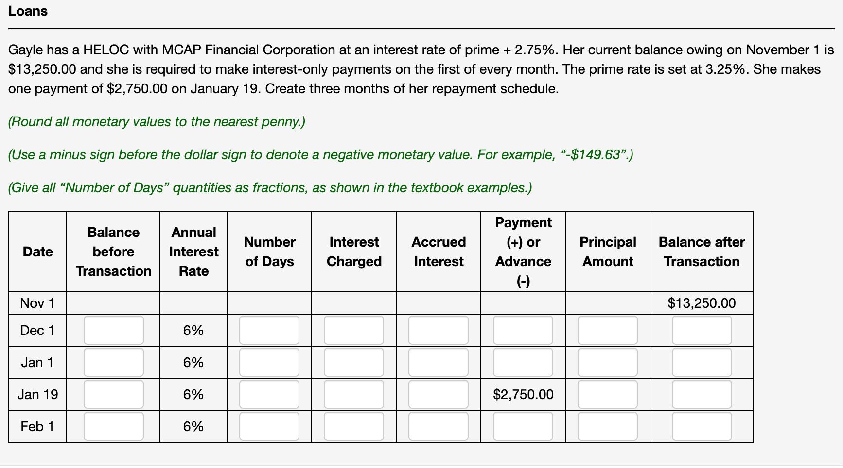 Loans Gayle has a HELOC with MCAP Financial Corporation at an interest rate of prime + 2.75%. Her current balance owing on No