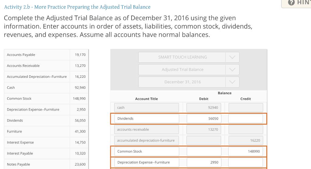 HIN Activity 2.b - More Practice Preparing the Adjusted Trial Balance Complete the Adjusted Trial Balance as of December 31,