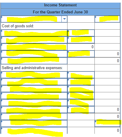 Income StatementFor the Quarter Ended June 30Cost of goods sold:000Selling and administrative expenses:000