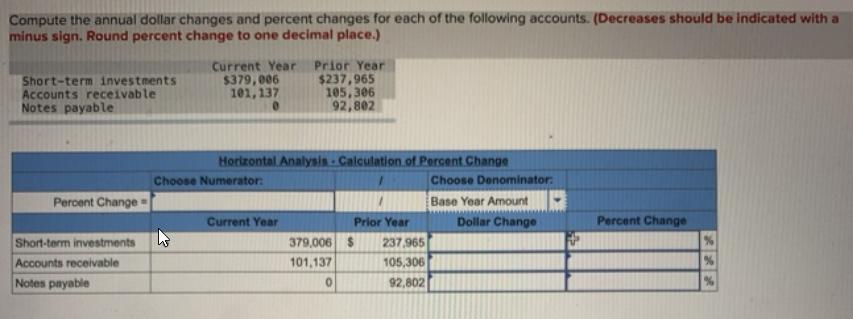 Compute the annual dollar changes and percent changes for each of the