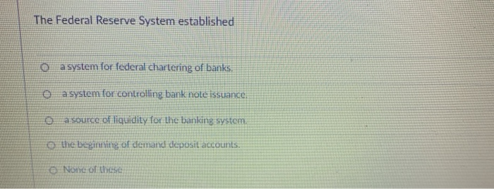 The Federal Reserve System establishedO a system for federal chartering of banksO a system for controlling bank nole issuan