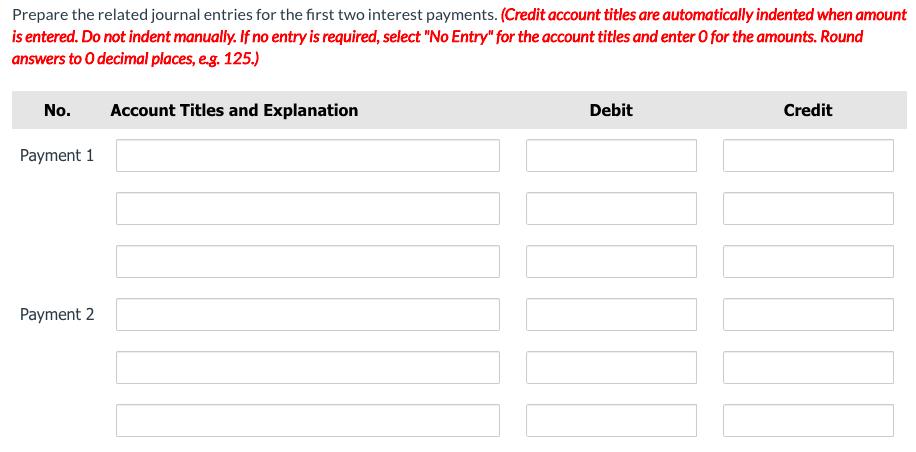 Prepare the related journal entries for the first two interest payments. (Credit account titles are automatically indented wh