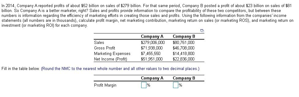 In 2014, Company A reported profits of about $52 billion on sales of $279 billion. For that same period, Company B posted a p