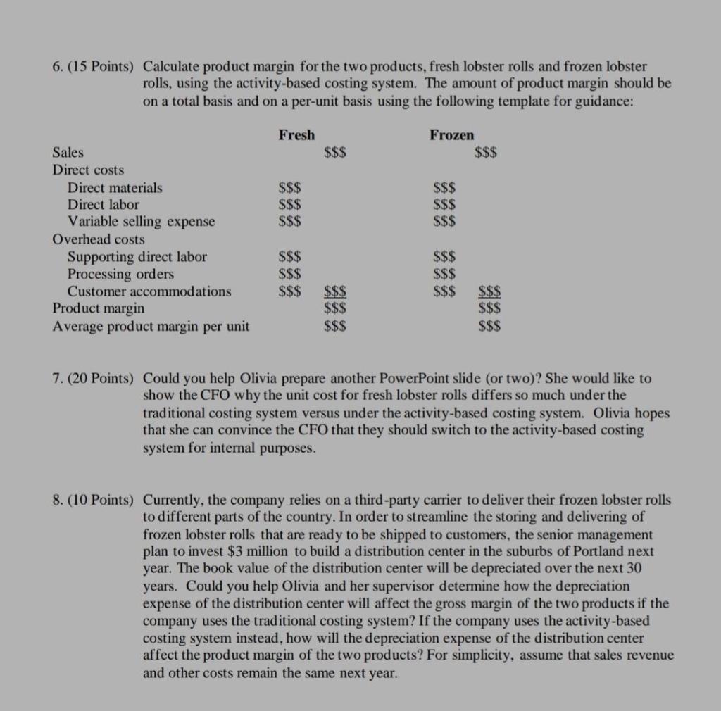 6. (15 Points) Calculate product margin for the two products, fresh lobster rolls and frozen lobster rolls, using the activit