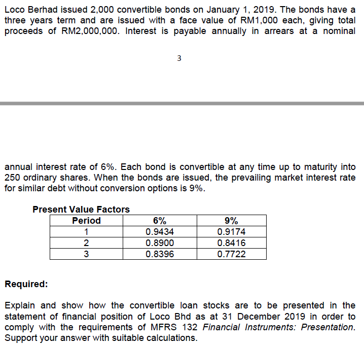 Loco Berhad issued 2,000 convertible bonds on January 1, 2019. The bonds have athree years term and are issued with a face v