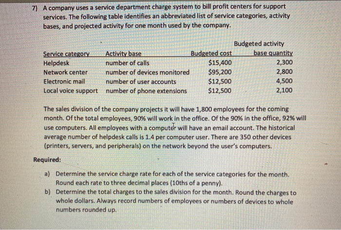 7)company uses a service department charge system to bill profit centers for supportservices. The following table identifie