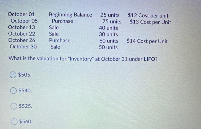 $12 Cost per unit$13 Cost per UnitOctober 01October 05October 13October 22October 26October 30Beginning BalancePurch