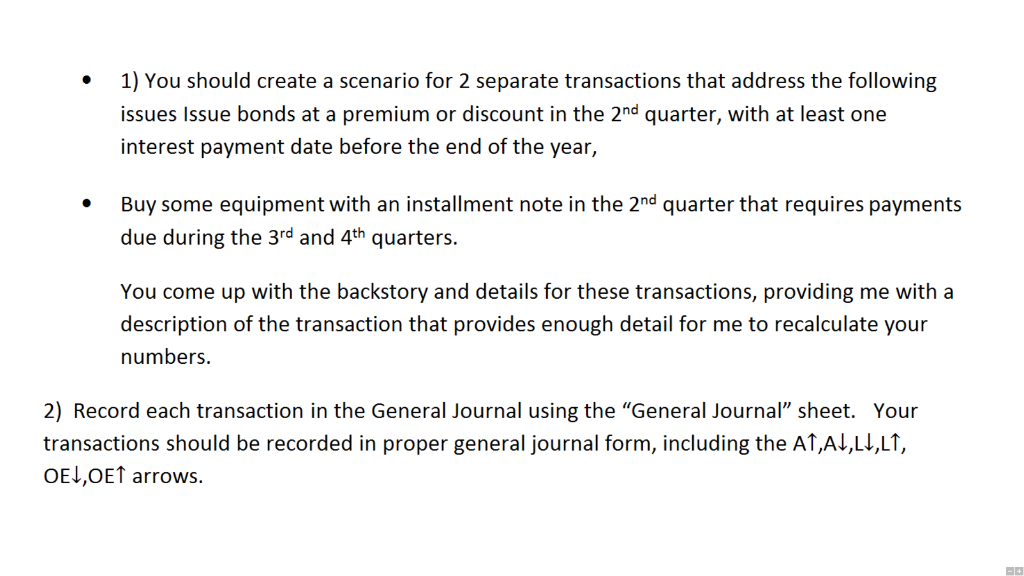 1) You should create a scenario for 2 separate transactions that address the followingissues Issue bonds at a premium or dis