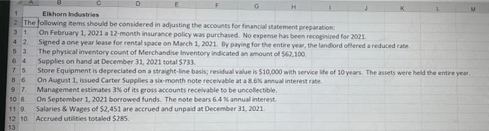 D H1 3 1 сElkhorn Industries 2. The following items should be considered in adjusting the accounts for financial statement