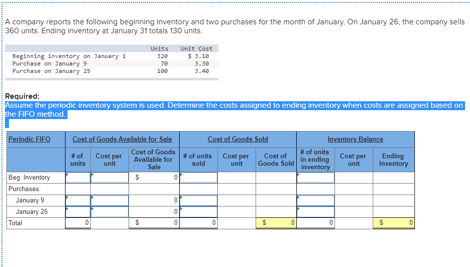 A company reports the following beginning inventory and two purchases for the month of January. On January 26, the company se