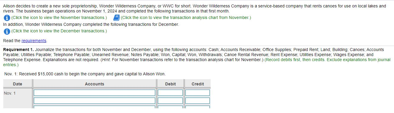 Alison decides to create a new sole proprietorship, Wonder Wilderness Company, or WWC for short. Wonder Wilderness Company is
