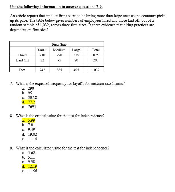Use the following information to answer questions 7-9 An article reports that smaller firms seem to be hiring more than large