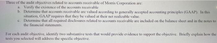 Three of the audit objectives related to accounts receivable of Morris Corporation are: a. Verify the