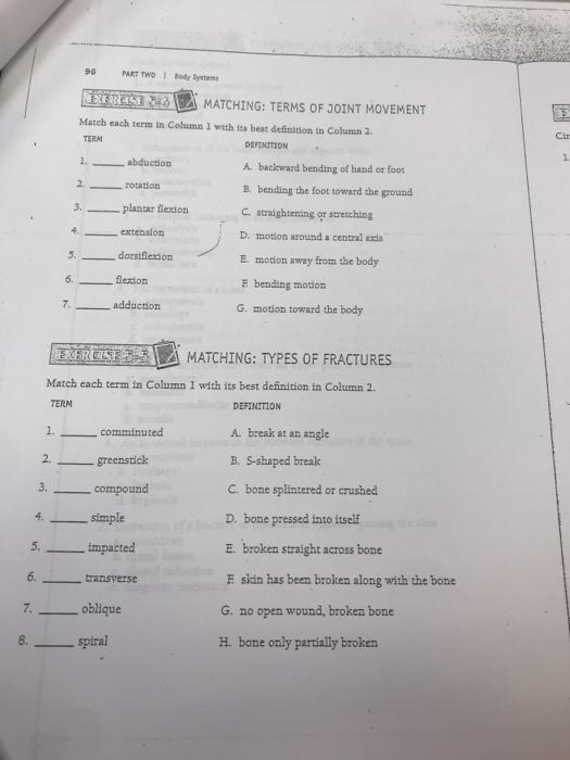 96 PART TWO Body SystemERRATA宴MATCHING: TERMS OF JOINT MOVEMENTMatch each term in Column 1 with its best definition in Colu