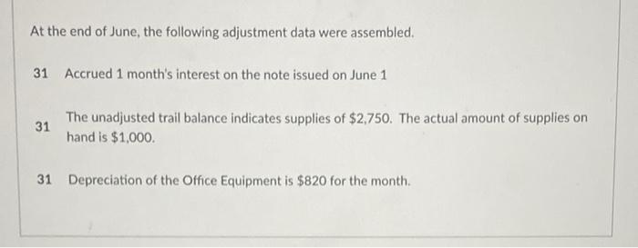 At the end of June, the following adjustment data were assembled. 31 Accrued 1 months interest on the note issued on June 1