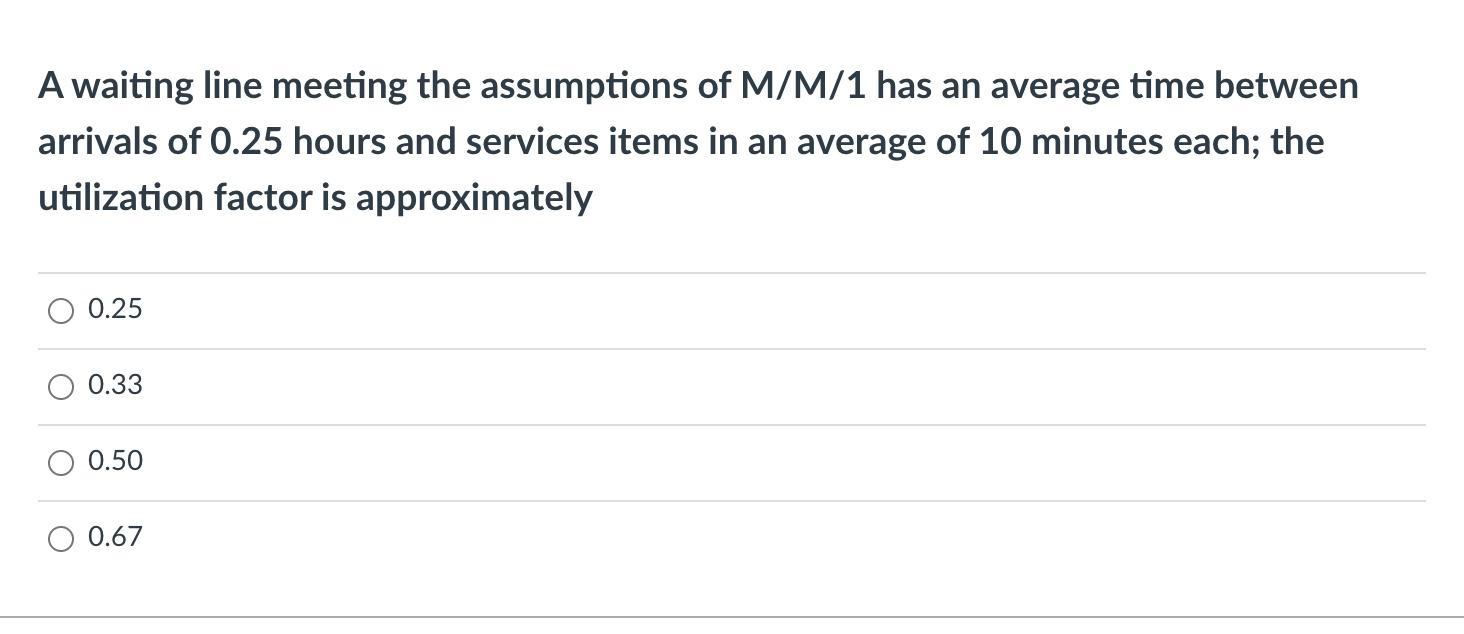 A waiting line meeting the assumptions of M/M/1 has an average time between arrivals of 0.25 hours and services items in an a