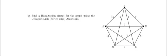 2. Find a Hamiltonian circuit for the graph using the 15 Cheapest-Link (Sorted edge) Algorithm. 11