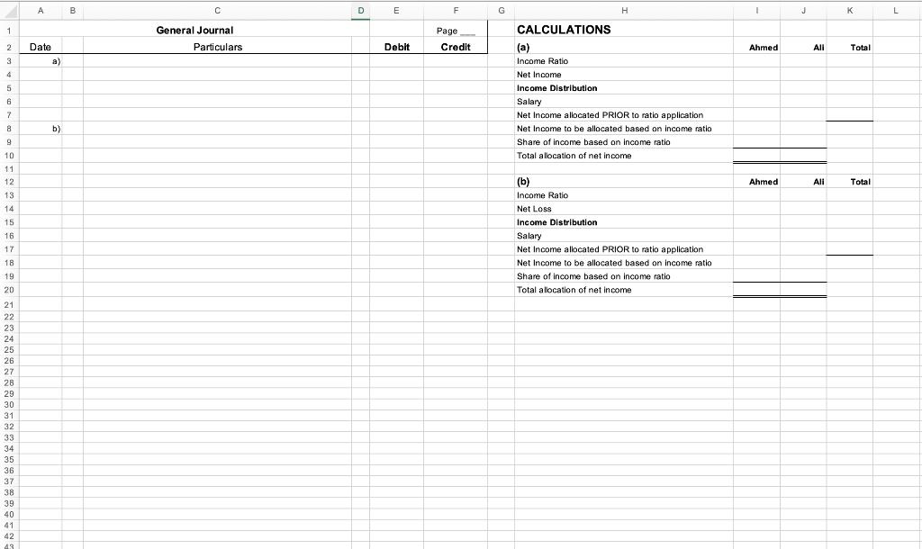 A B С D E E F G H J к L 1 General Journal Particulars Page Credit 2 Date Debit Ahmed Ali Total 3 a) 4 5 6 7 CALCULATIONS (a)