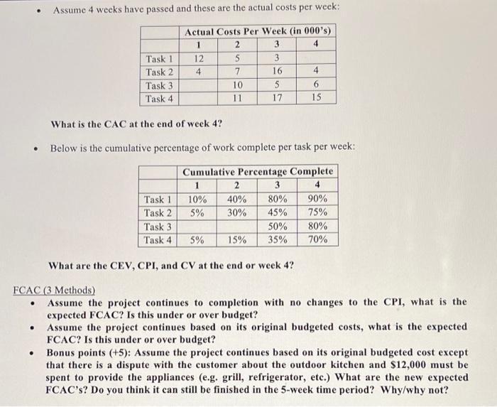 Assume 4 weeks have passed and these are the actual costs per week: Actual Costs Per Week (in 000s) 12 34 Task 1 12 53 Ta