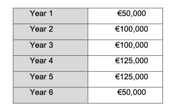 Year 1 Year 2 Year 3 Year 4 Year 5 Year 6 €50,000 €100,000 €100,000 €125,000 €125,000 €50,000