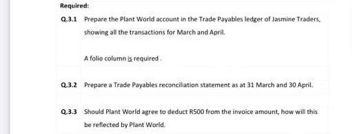Required: 2.3.1 Prepare the Plant World account in the Trade Payables ledger of Jasmine Traders, showing all the transactions