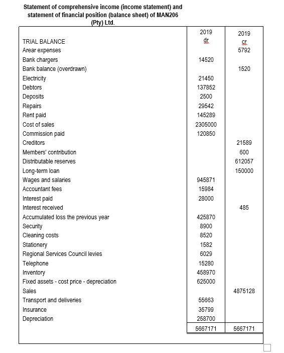 Statement of comprehensive income income statement) and statement of financial position (balance sheet) of MAN206 (Pty) Ltd.
