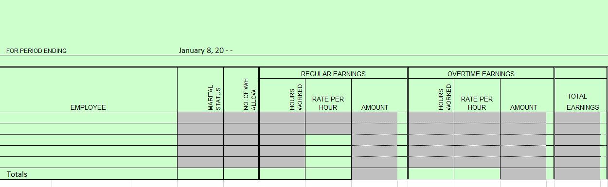 FOR PERIOD ENDING January 8, 20-- REGULAR EARNINGS OVERTIME EARNINGS MARITAL STATUS NO. OF WH ALLOW. HOURS WORKED RATE PER HO