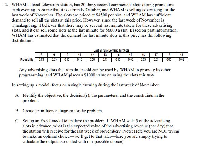 2. WHAM, a local television station, has 20 thirty second commercial slots during prime time each evening. Assume that it is