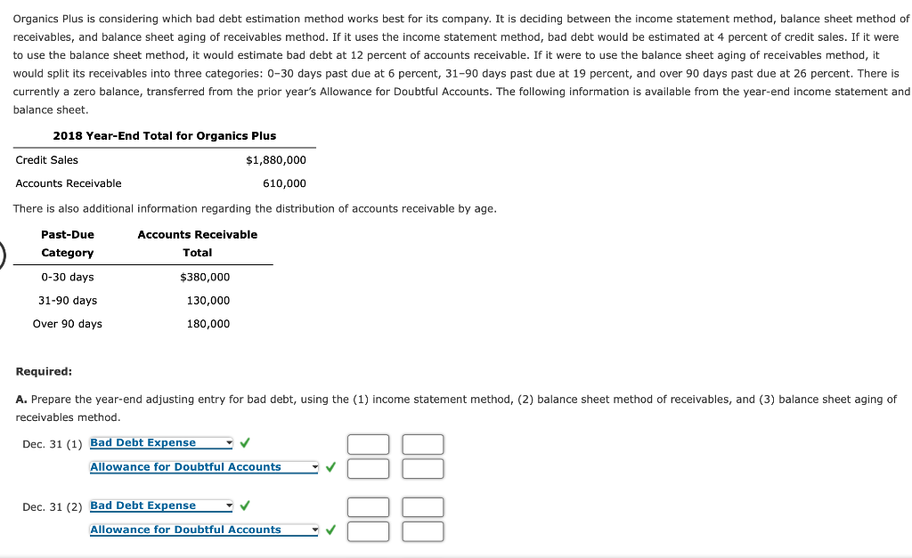 Organics Plus is considering which bad debt estimation method works best for