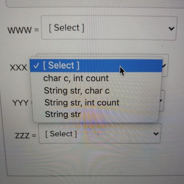 WWW=r[ Select ]rXXX [Select]rchar c, int countrString str, charcrYYY: String str, int countrString strrZZZ = [ Select ]