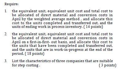 Require: 1. the equivalent unit, equivalent unit cost and total cost to be allocated of direct material and