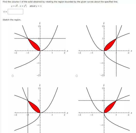 Find the volume V of the solid obtained by rotating the region bounded by the given curves about the specified line. y = x2,