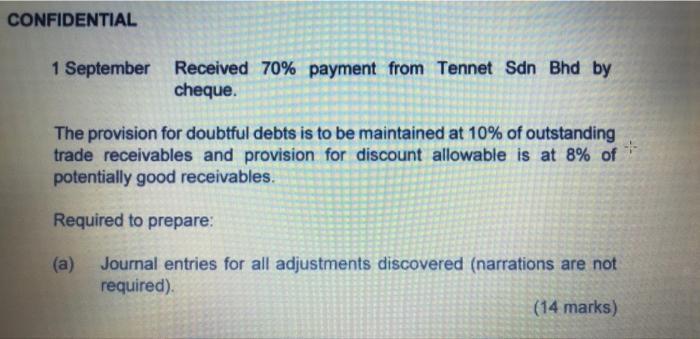 CONFIDENTIAL 1 September Received 70% payment from Tennet Sdn Bhd by cheque. The provision for doubtful debts is to be mainta
