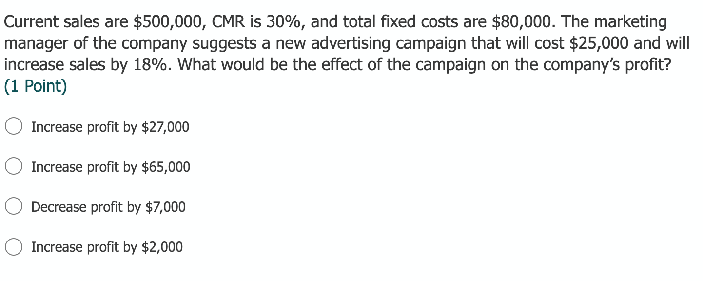 Current sales are $500,000, CMR is 30%, and total fixed costs are $80,000. The marketingmanager of the company suggests a ne