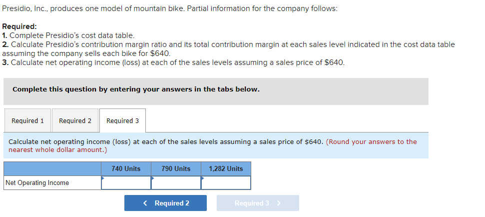 Presidio, Inc., produces one model of mountain bike. Partial information for the company follows:Required:1. Complete Presi