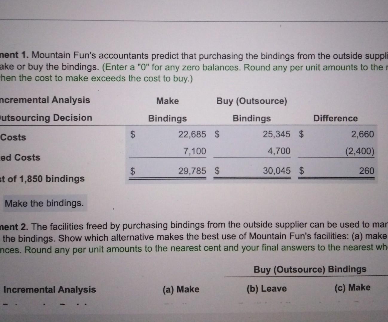 nent 1. Mountain Fun's accountants predict that purchasing the bindings from the