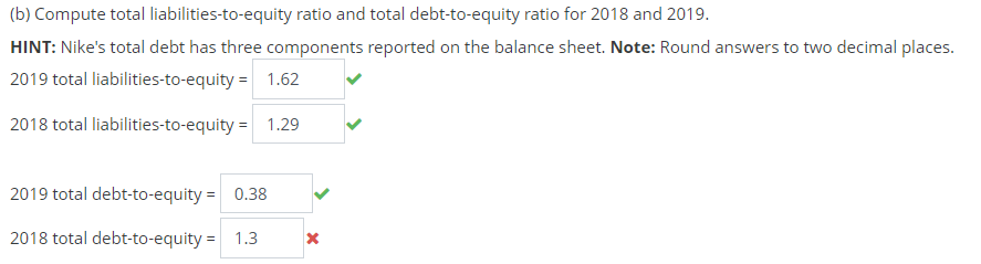 (b) Compute total liabilities-to-equity ratio and total debt-to-equity ratio for 2018 and 2019.HINT: Nikes total debt has t