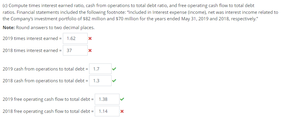 (c) Compute times interest earned ratio, cash from operations to total debt ratio, and free operating cash flow to total debt