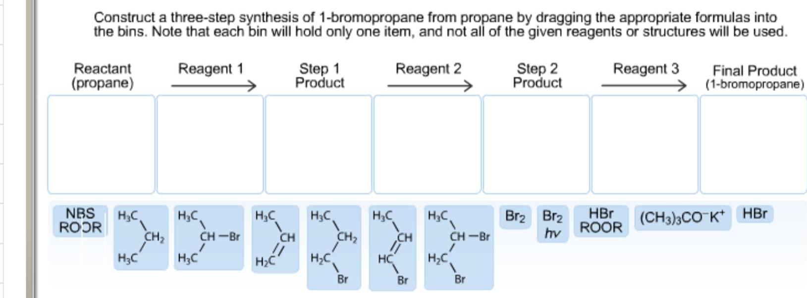 Construct a three-step synthesis of 1-bromopropane