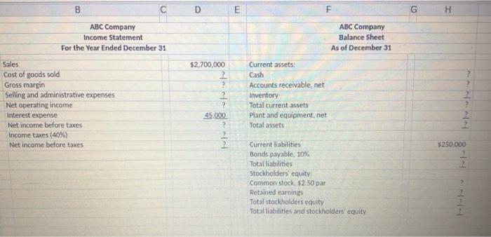 C DE ABC Company Income Statement For the Year Ended December 31 ABC Company Balance Sheet As of December 31 700,000 Sales C