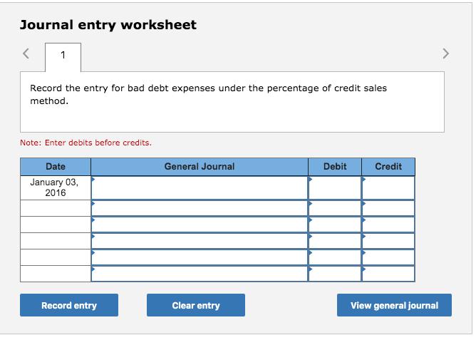 Journal entry worksheet Record the entry for bad debt expenses under the percentage of credit sales method. Note: Enter debit
