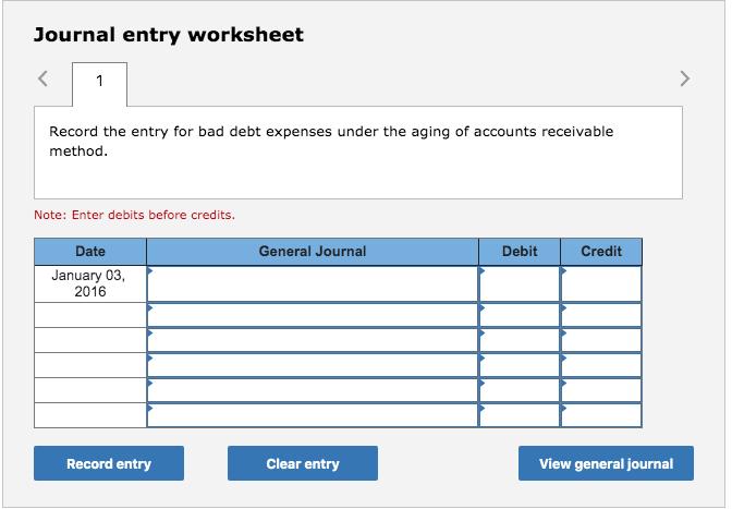 Journal entry worksheet Record the entry for bad debt expenses under the aging of accounts receivable method. Note: Enter deb