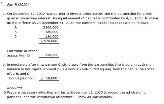 Part B (2020)a. On December 31, 2020 new partner D invests other assets into the partnership for a one-quarter ownership in