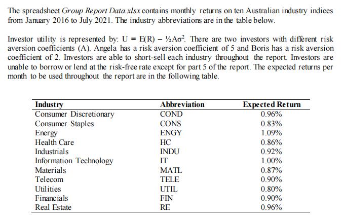 The spreadsheet Group Report Data.xlsx contains monthly returns on ten Australian industry indices from January 2016 to July